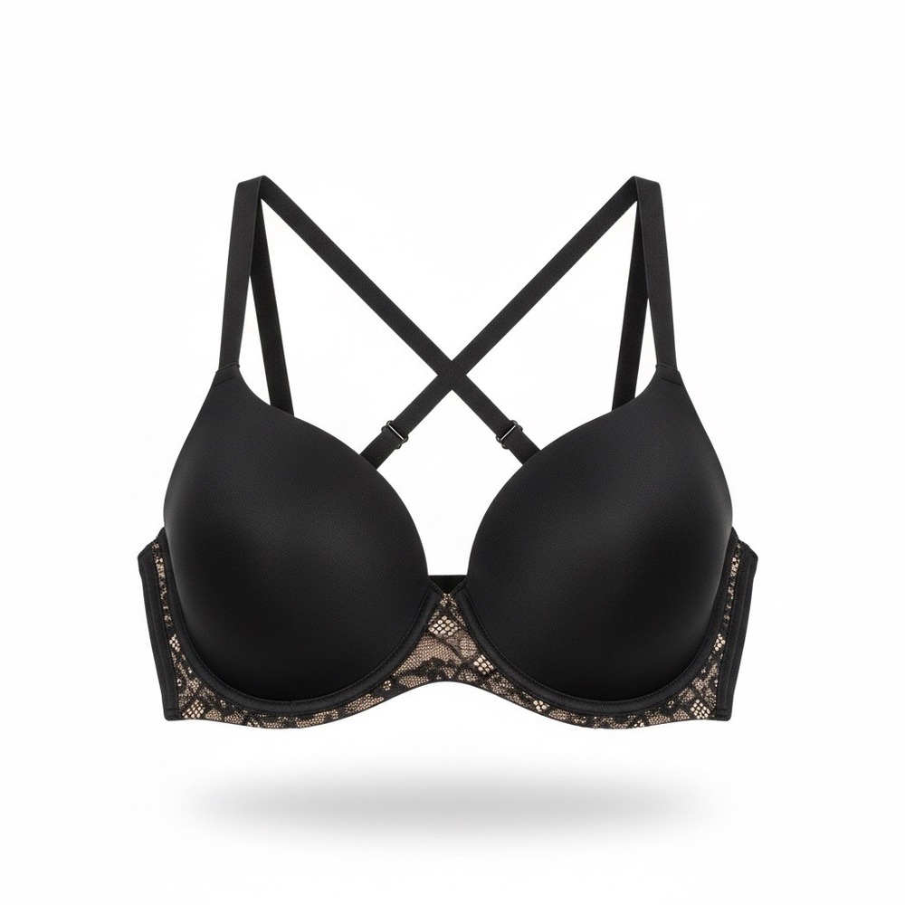 Victoria Secret Body By Victoria Black Lace Trim Lined Demi Bra 32DD Convertible
